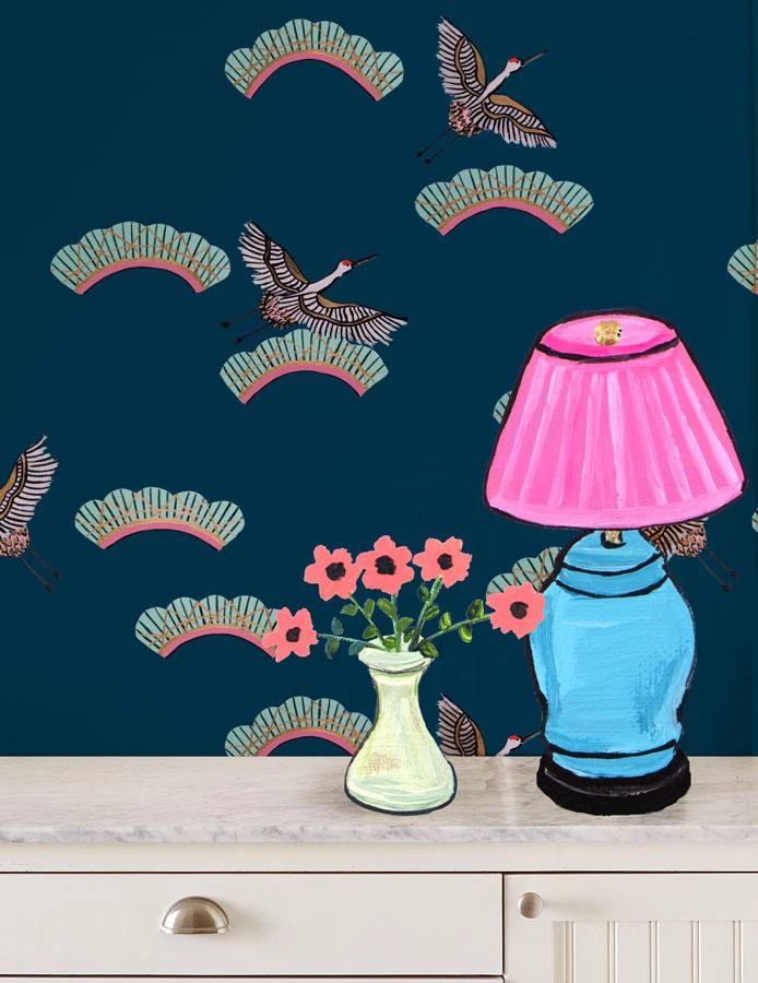 'Cranes In Clouds' Wallpaper By Carly Beck - Peacock 4 'Cranes In Clouds' Wallpaper By Carly Beck - Peacock - Image 2