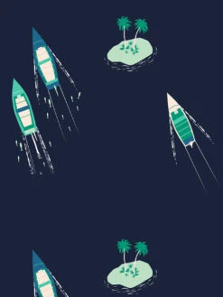'Island Boats' Wallpaper By Tea Collection - Navy