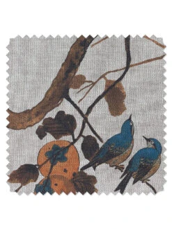 'Fabric By The Yard - Persimmon Birds - Washed Sienna On Flax Linen
