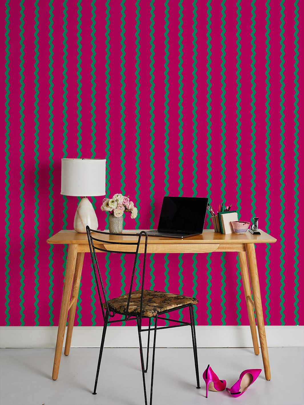 'Ric-Rac Stripe' Wallpaper By Sarah Jessica Parker - Raspberry Emerald 4 'Ric-Rac Stripe' Wallpaper By Sarah Jessica Parker - Raspberry Emerald - Image 2