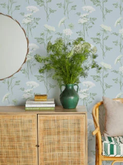 'The Queen's Lace' Wallpaper By Sarah Jessica Parker - Misty Blue -Wallpaper Store The Queens Lace Misty by SJP Blue RS