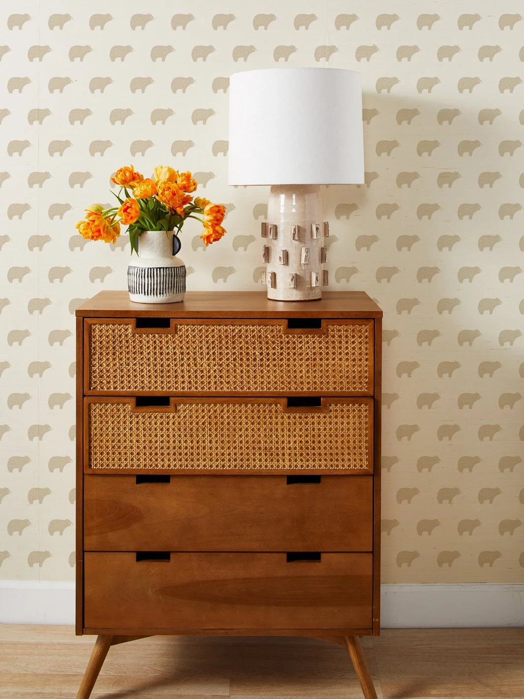'Chubby Bear' Grasscloth Wallpaper By Tea Collection - Taupe