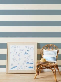 'Wide Stripe' Grasscloth Wallpaper By Wallshoppe - French Blue